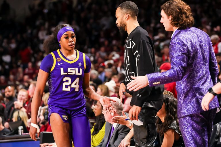 LSU Lady Tigers guard Aneesah Morrow (24) is greeted after fouling out against the South Carolina Gamecocks in the second half at Colonial Life Arena.