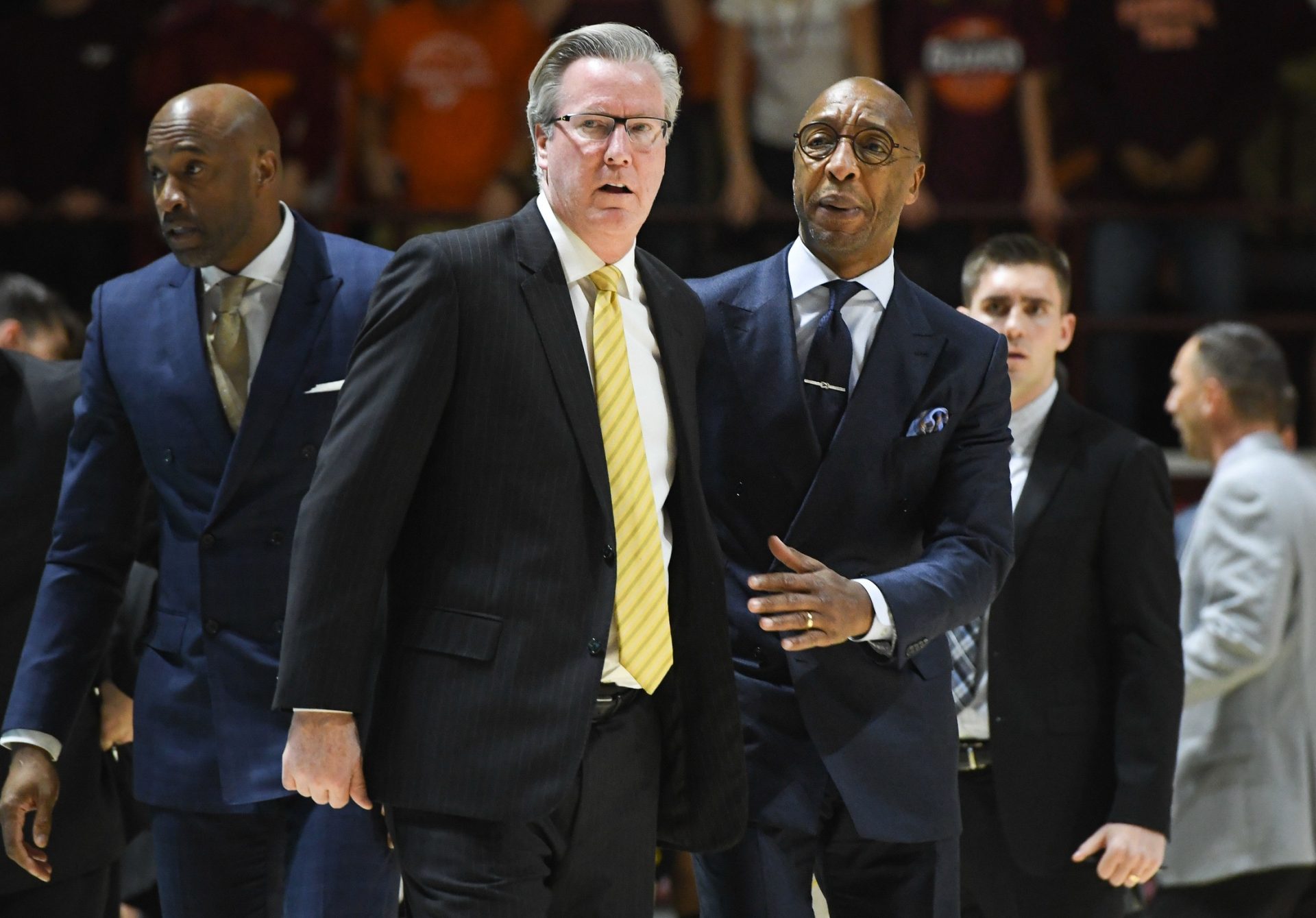 Iowa Hawkeyes head coach Frank McCaffery reacts following a technical foul called on his team in the first half against the Virginia Tech Hokies at Cassell Coliseum.