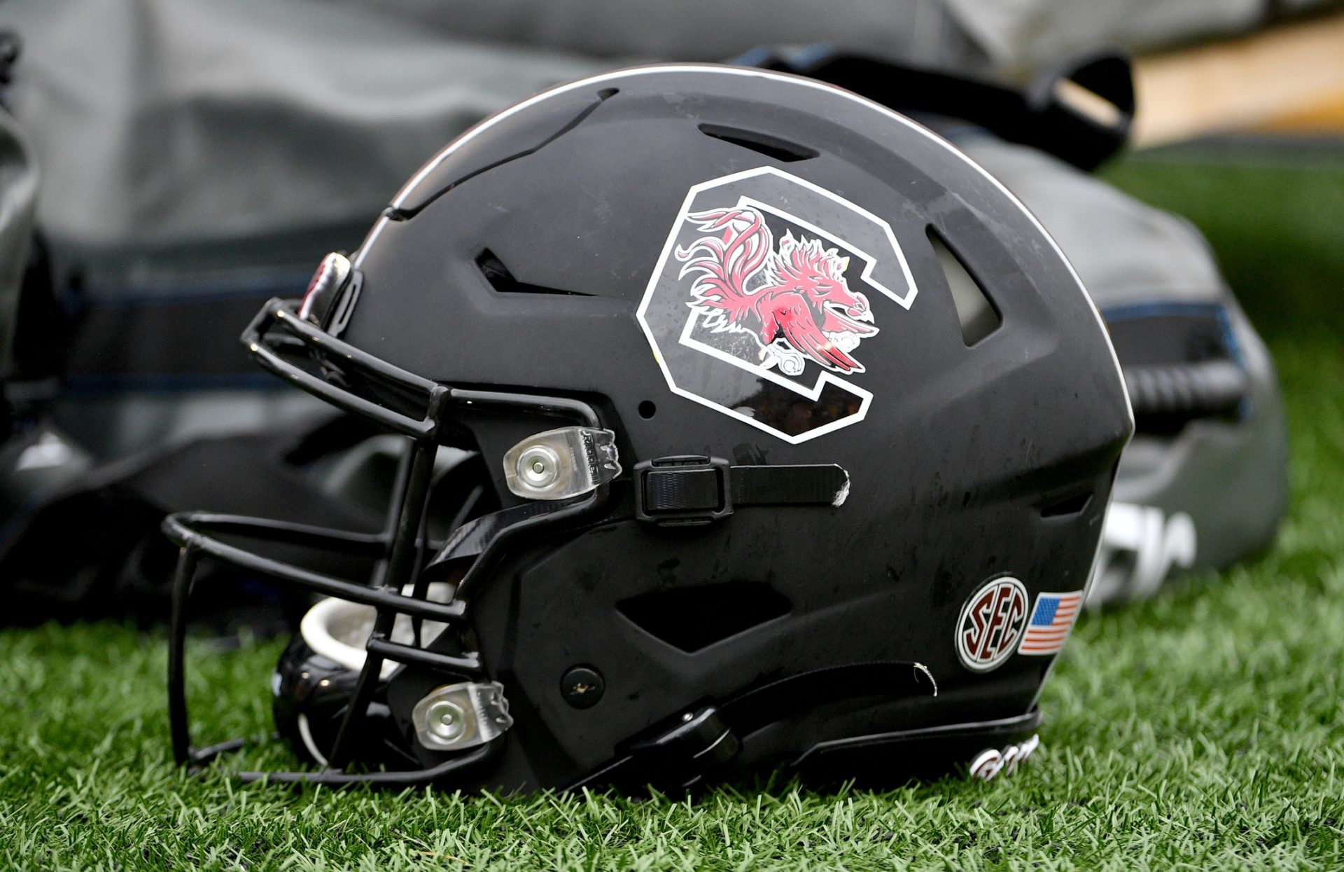 A detail view of a South Carolina Gamecocks helmet during the second half of the game against the Missouri Tigers at Memorial Stadium/Faurot Field.