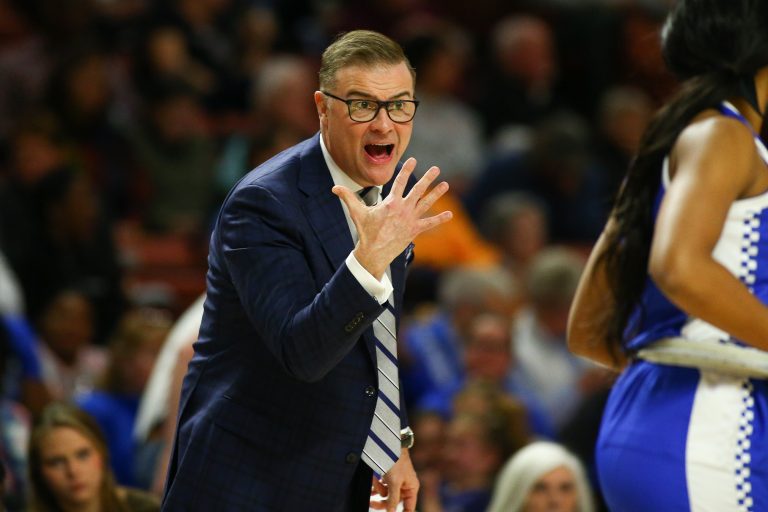 Kentucky Wildcats head coach Matthew Mitchell gives directions during the first half against the Mississippi State Bulldogs at Bon Secours Wellness Arena.