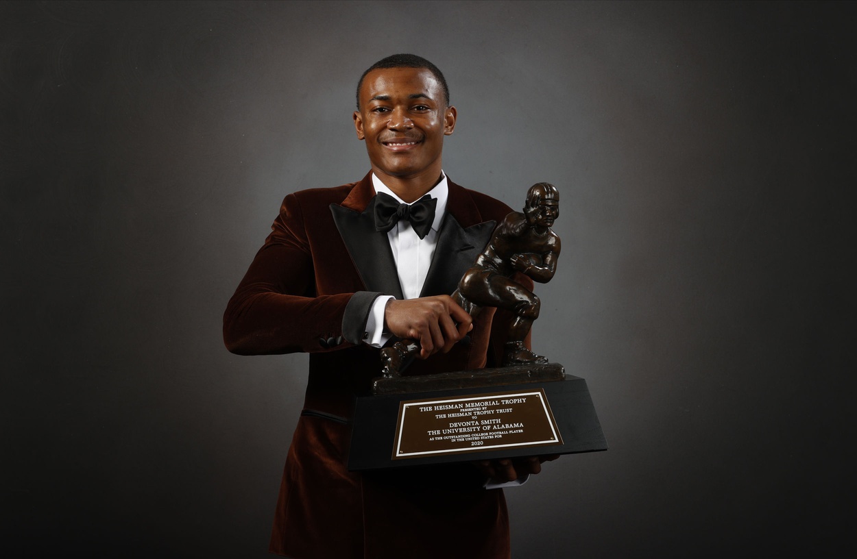 Alabama Crimson Tide wide receiver DeVonta Smith poses for a photo after being announced the winner of the 2020 Heisman Trophy.