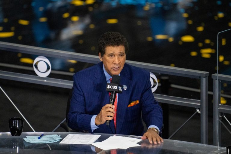 CBS announcer Greg Gumbel prior to the national championship game in the Final Four of the 2021 NCAA Tournament between the Gonzaga Bulldogs and the Baylor Bears at Lucas Oil Stadium.