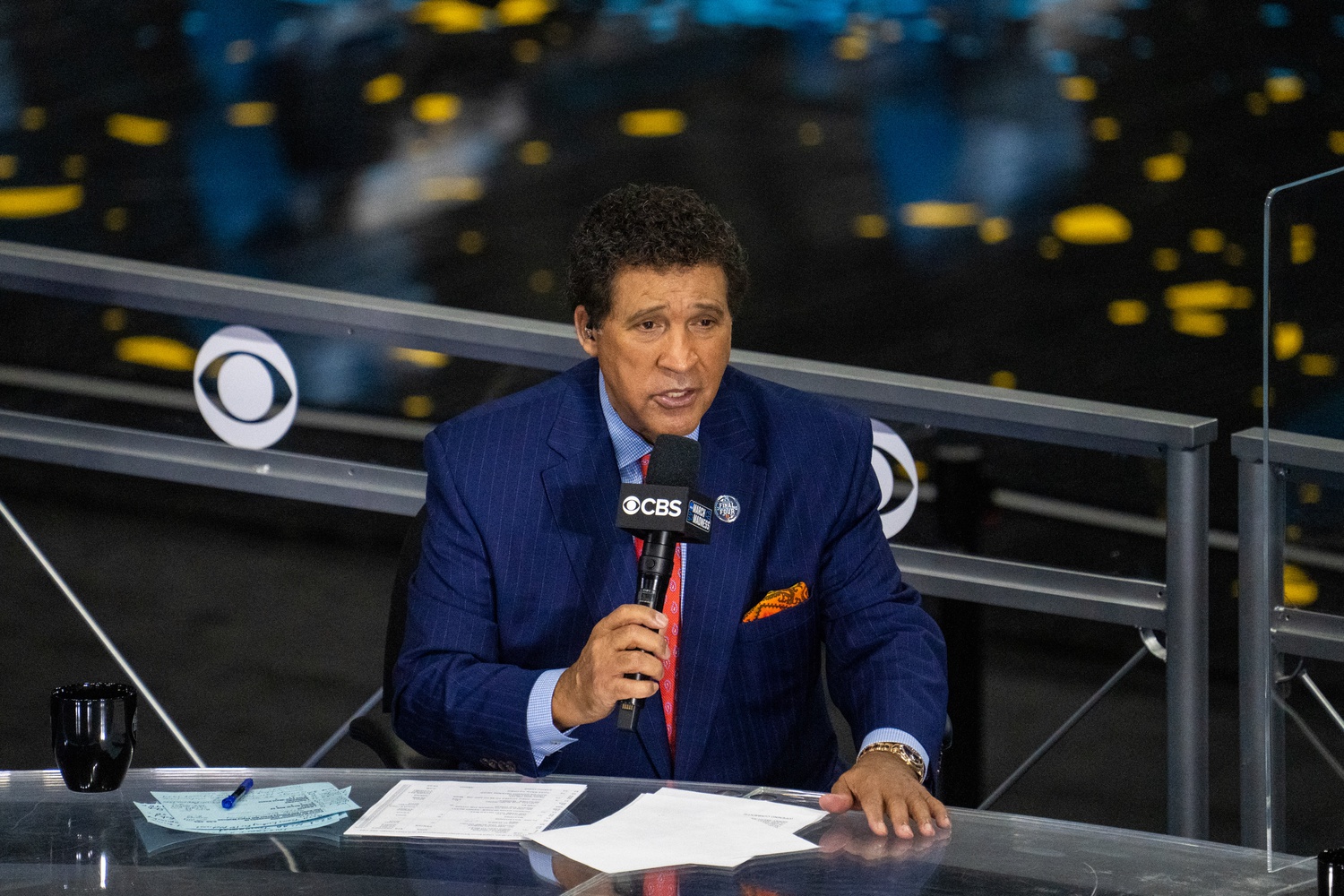 CBS announcer Greg Gumbel prior to the national championship game in the Final Four of the 2021 NCAA Tournament between the Gonzaga Bulldogs and the Baylor Bears at Lucas Oil Stadium.