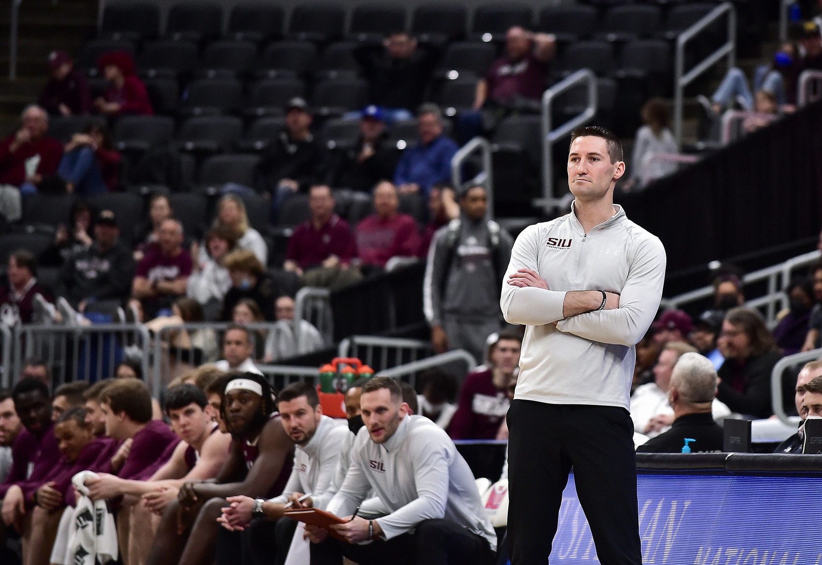 SIU Edwardsville Cougars head coach Brian Barone looks on during the first half against the Drake Bulldogs in the quarterfinals round of the Missouri Valley Conference Tournament