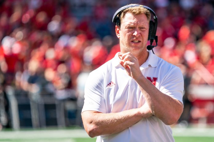 Nebraska Cornhuskers head coach Scott Frost looks on during a timeout in the second quarter against the North Dakota Fighting Hawks at Memorial Stadium.