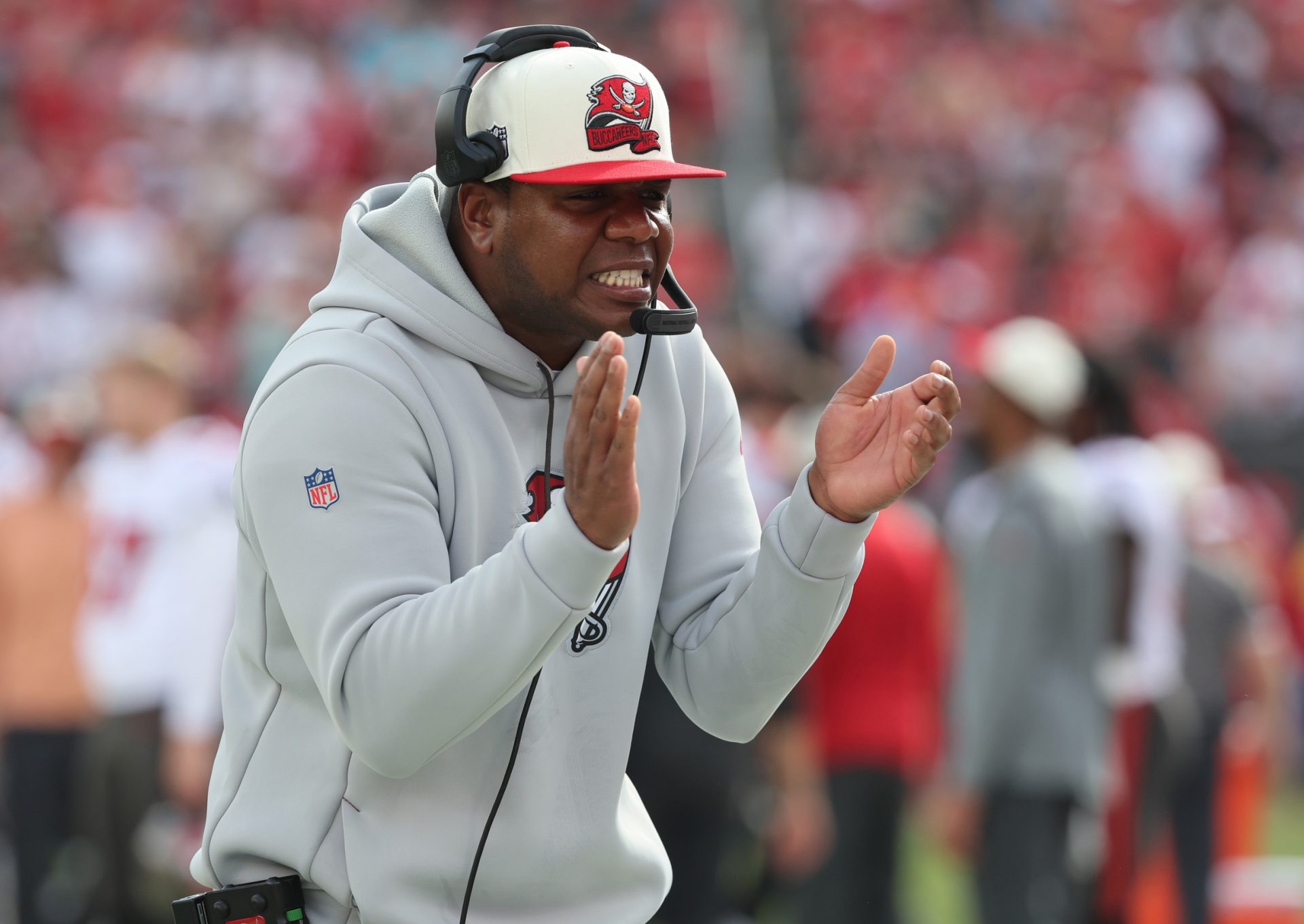 Tampa Bay Buccaneers offense coordinator Byron Leftwich against the Carolina Panthers during the first half at Raymond James Stadium.