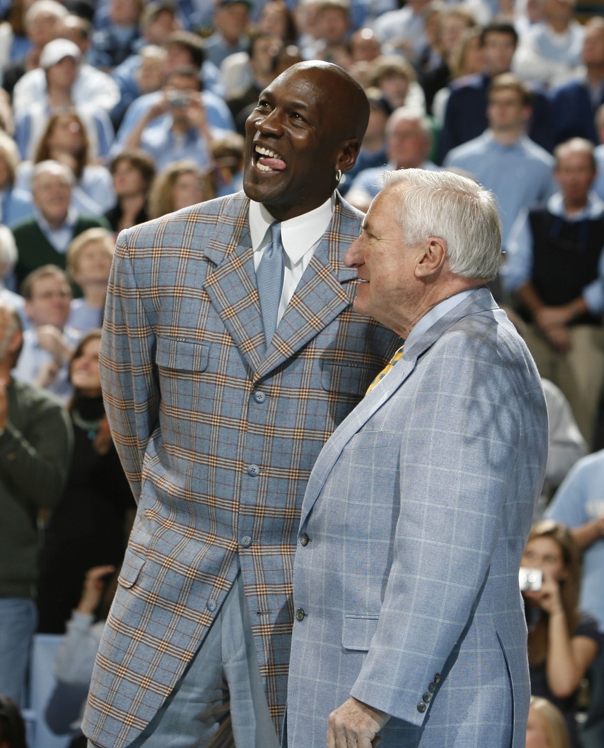 North Carolina Tar Heels former guard Michael Jordan and former head coach Dean Smith are honored at halftime of the North Carolina against Wake Forest game at the Dean E. Smith Center in Chapel Hill, NC.