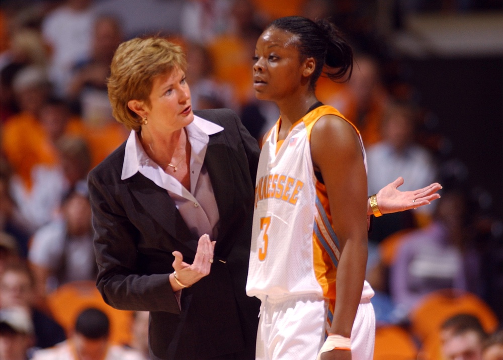 Lady Vol coach Pat Summitt talks to player Tasha Butts during a break in the game against South Carolina on Sunday at Thompson-Boling Arena.