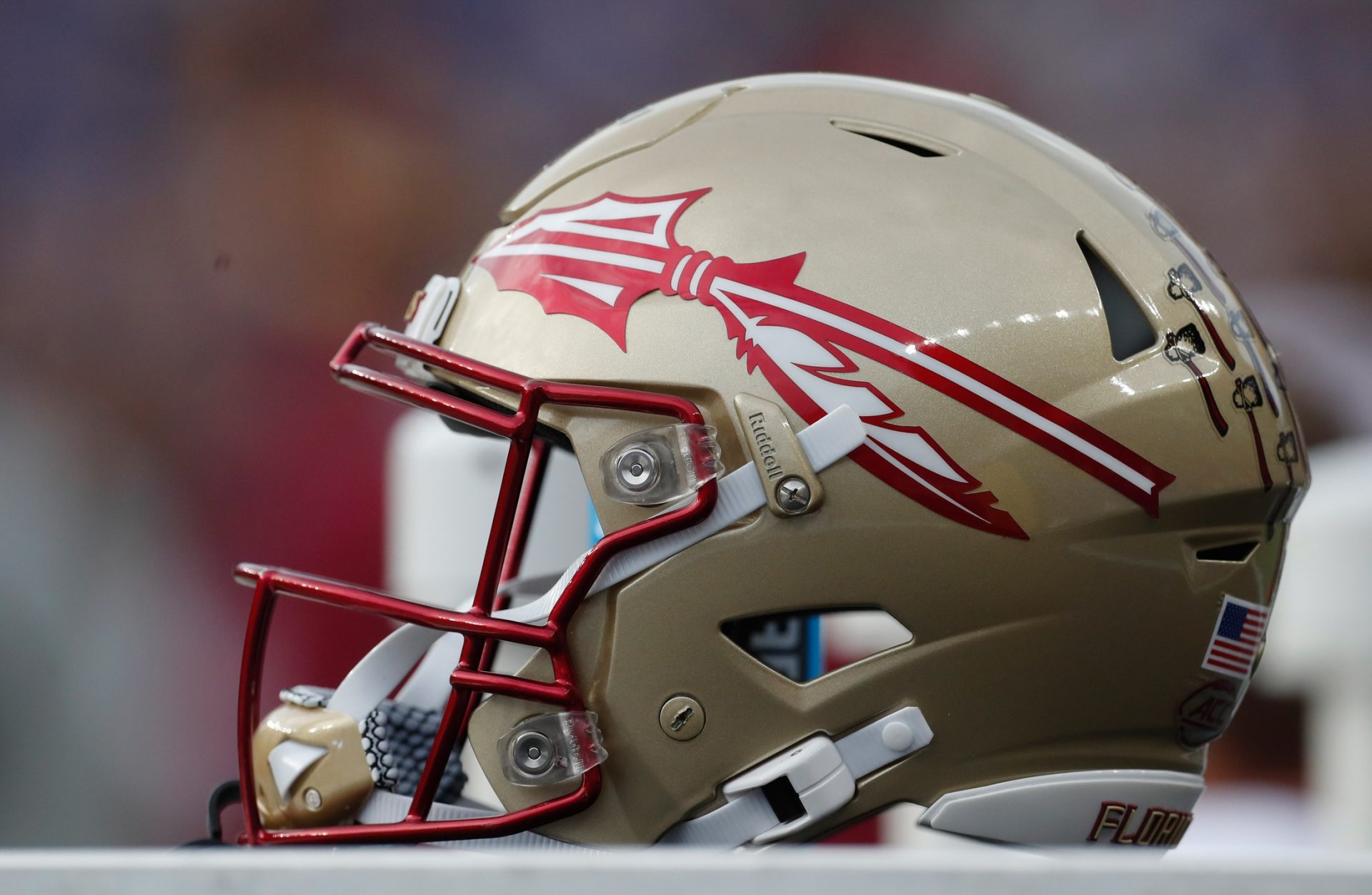 A Florida State Seminoles helmet on the sidelines against the Pittsburgh Panthers during the second quarter at Acrisure Stadium.