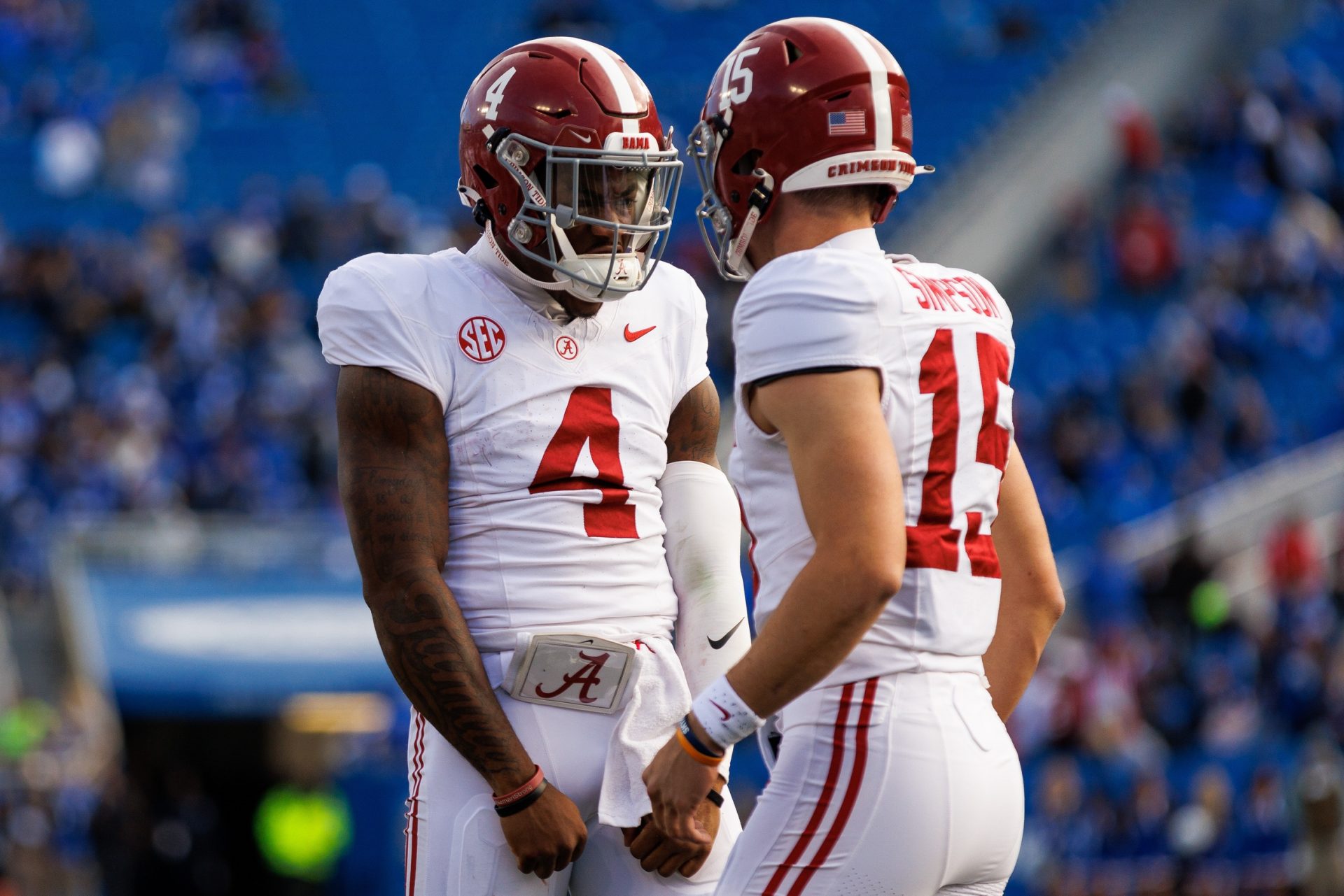 Alabama Crimson Tide quarterback Jalen Milroe (4) celebrates with quarterback Ty Simpson (15) during the fourth quarter against the Kentucky Wildcats at Kroger Field.