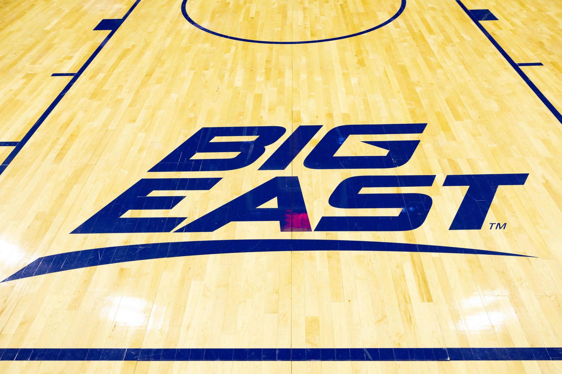 General view of the Big East logo on the court at Wells Fargo Center before a game between the Villanova Wildcats and the Connecticut Huskies.