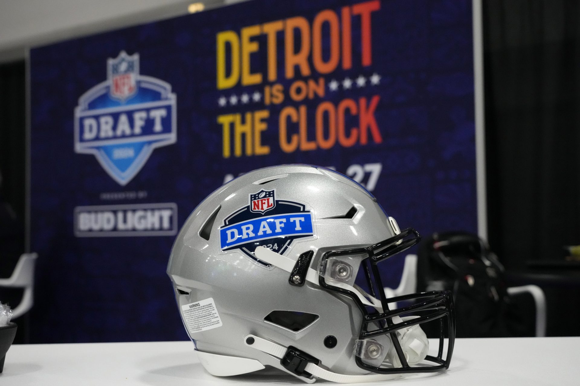 A helmet with the 2024 NFL Draft in Detroit logo at the Super Bowl 58 media center at the Mandalay Bay resort and casino.