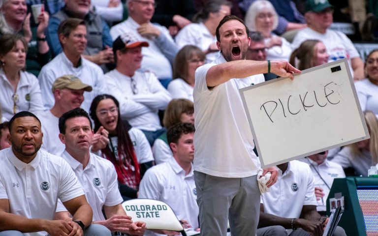 CSU basketball assistant coach Ali Farokhmanesh calls out a play called "Pickle" late in the second half against Boise State at Moby Arena on Tuesday, Feb. 6, 2024.