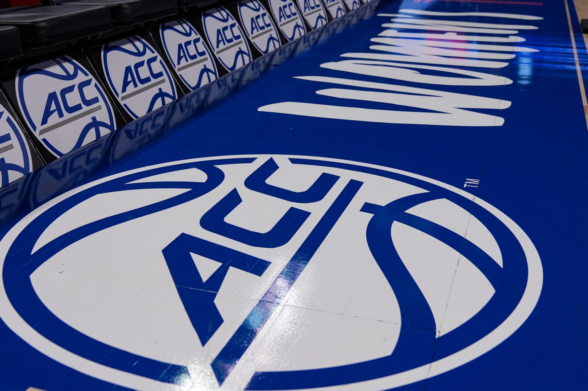 General view of the ACC logo before the game between Notre Dame vs Louisville at Greensboro Coliseum.