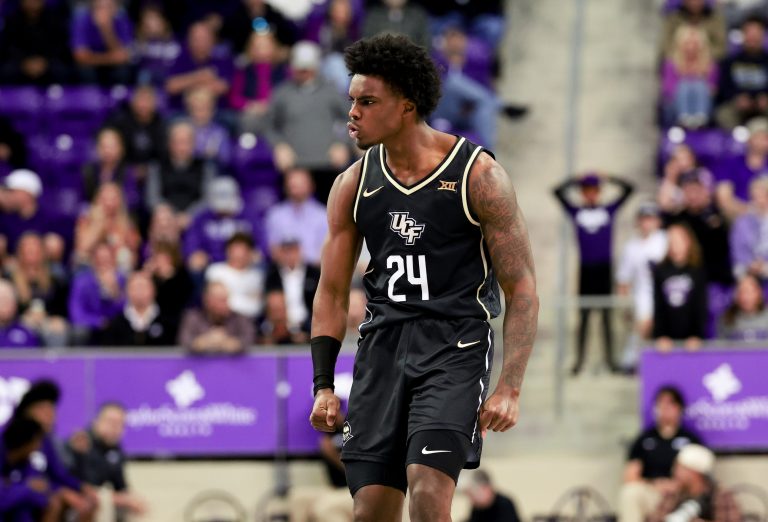 UCF Knights guard Jaylin Sellers (24) reacts after scoring during the second half against the TCU Horned Frogs at Ed and Rae Schollmaier Arena.