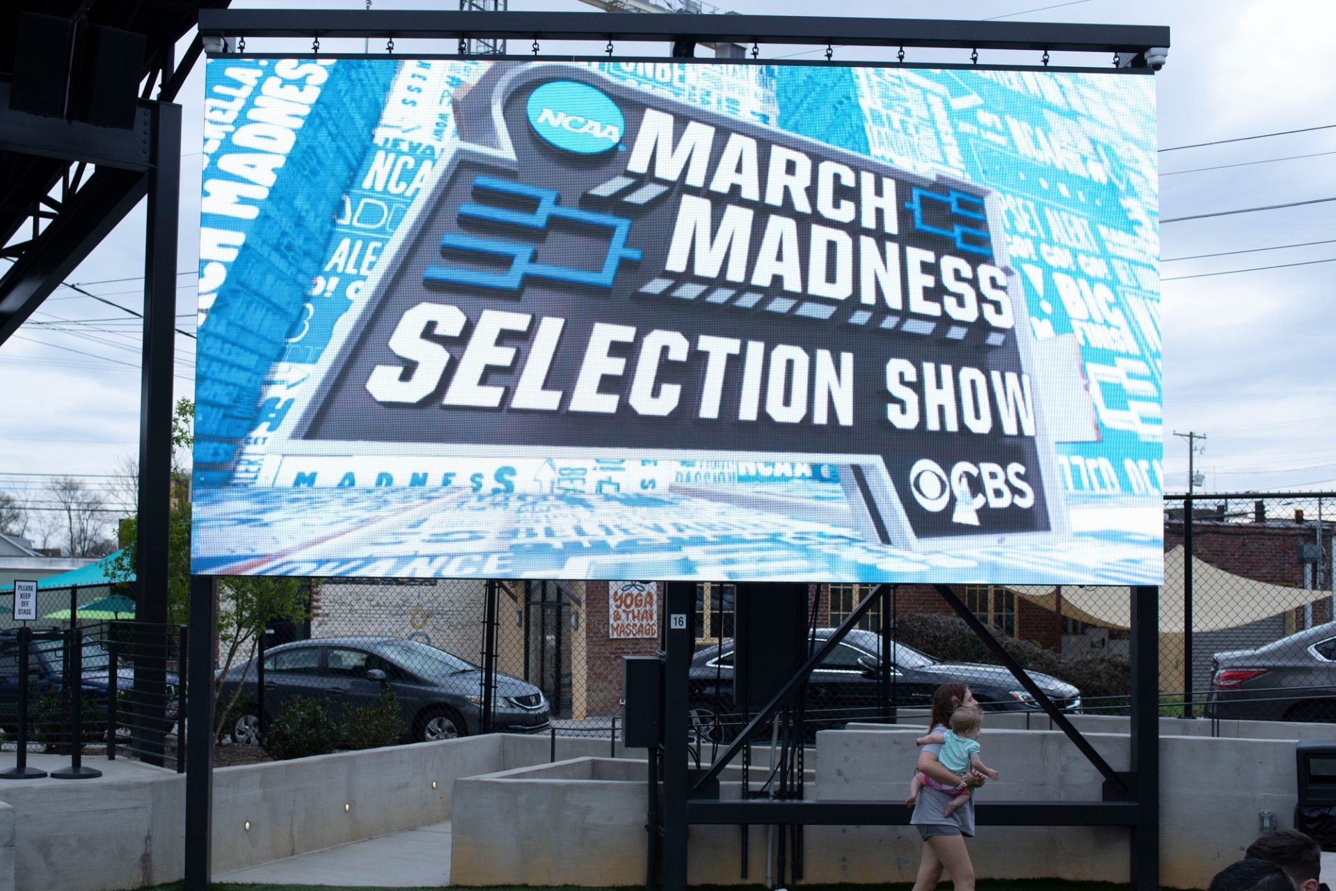 The NCAA selection show displayed on the large screen at Yee-Haw Brewing during a watch party on Sunday, March 17, 2024 in Knoxville, Tenn.