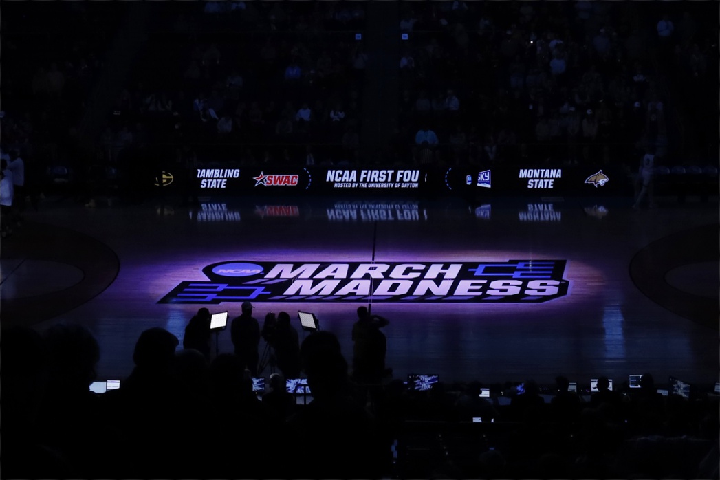 General view of the March Madness logo before the game between the Montana State Bobcats and the Grambling State Tigers at UD Arena.