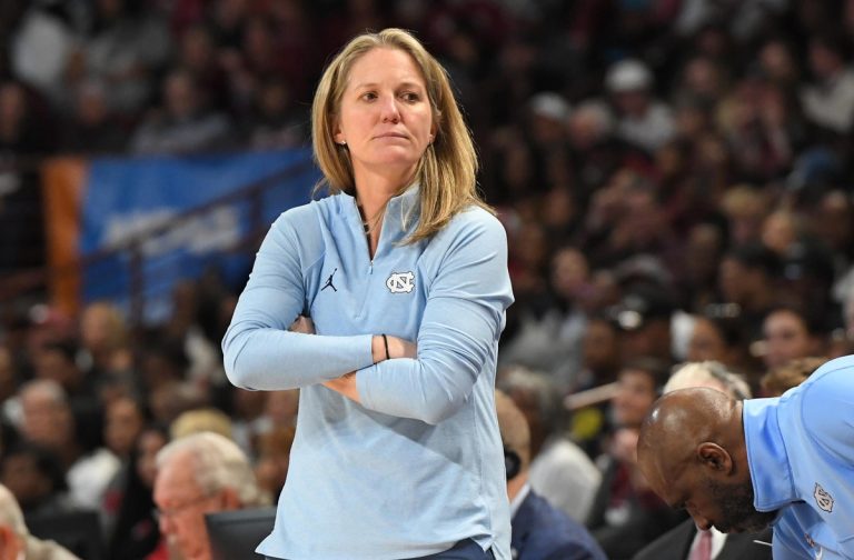 University of North Carolina Coach Courtney Banghart during the first quarter of the second round NCAA Women's Basketball Tournament game at the Colonial Life Center.