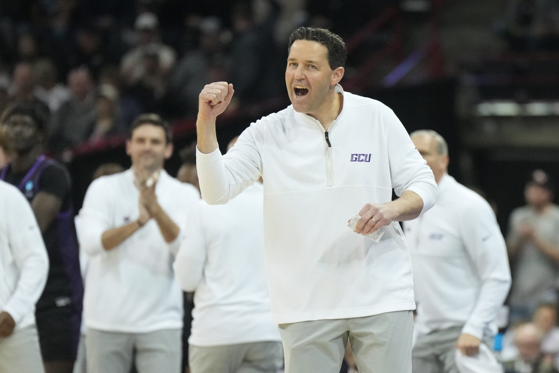 Grand Canyon Antelopes head coach Bryce Drew reacts in the second half against the Alabama Crimson Tide at Spokane Veterans Memorial Arena.