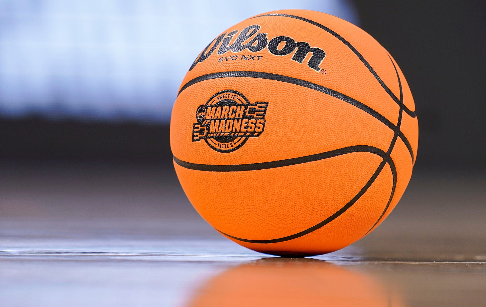 A March Madness basketball sits on the court during a timeout Friday, March 29, 2024, during the midwest regional semifinals at the Little Caesars Arena in Detroit. The Purdue Boilermakers defeated the Gonzaga Bulldogs, 80-68.