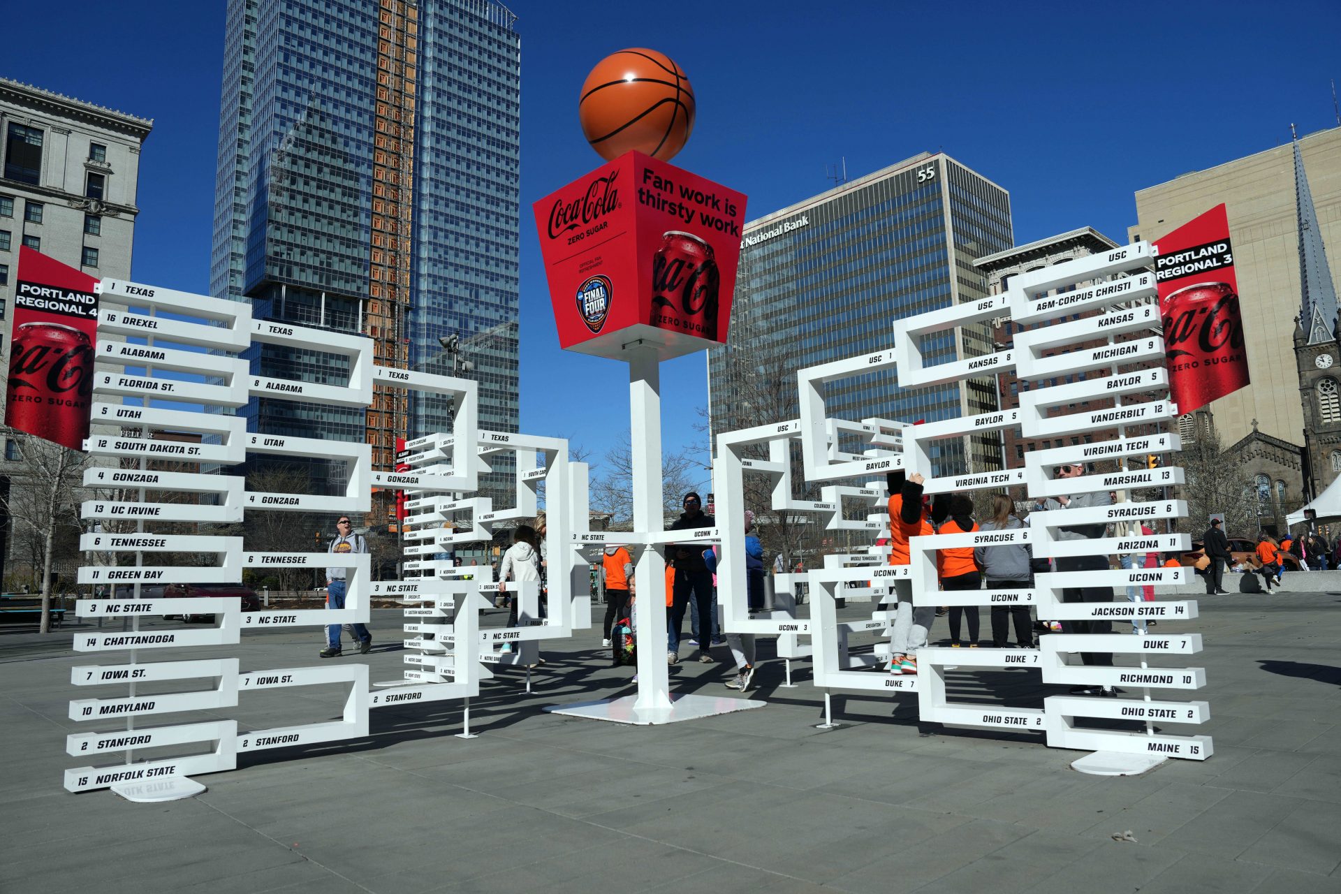 The 2024 NCAA Tournament Women's March Madness basketball tournament playoff bracket at Public Square.