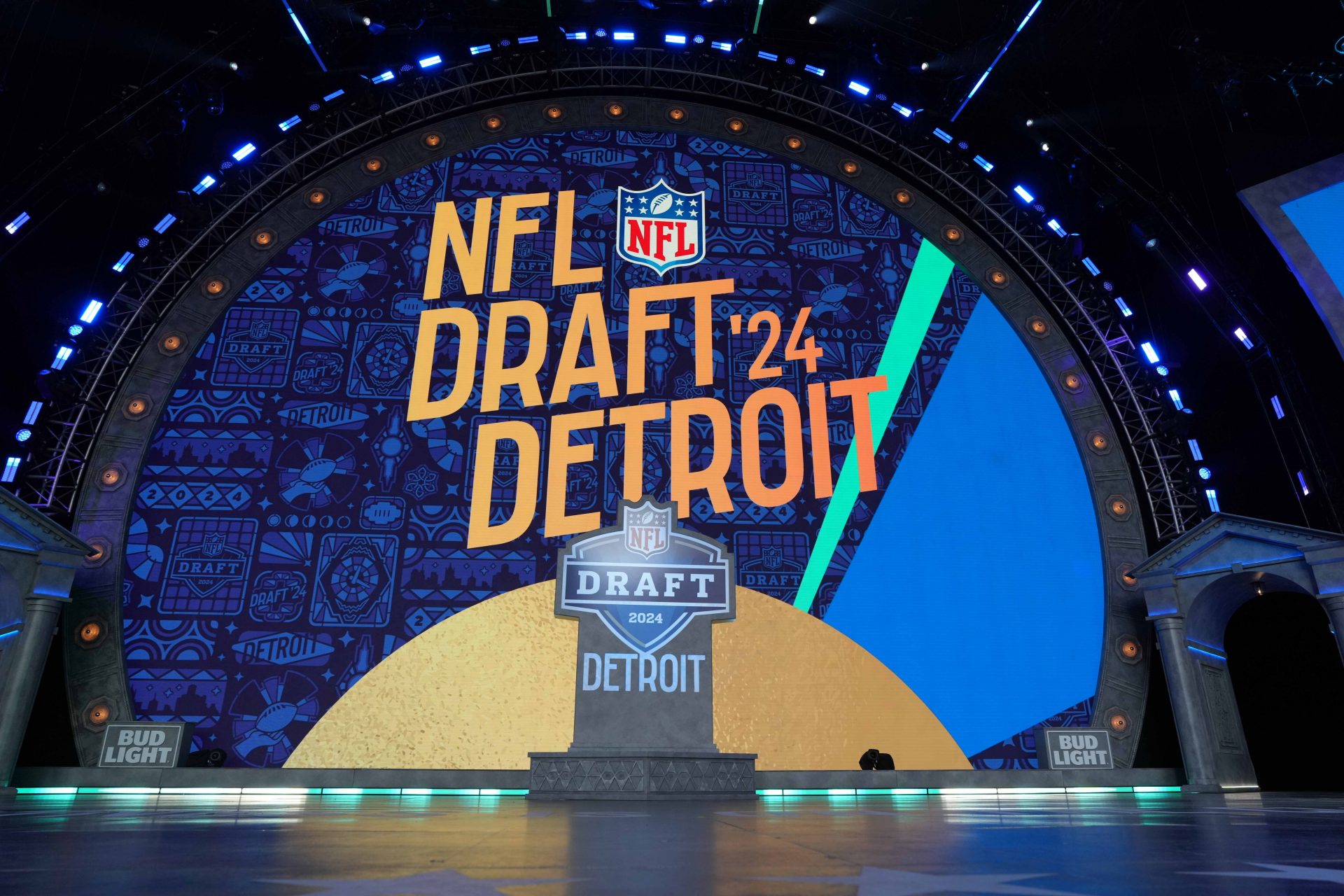 A general overall view of the 2024 NFL Draft logo on the Draft Theater stage at Campus Martius Park and Hart Plaza.