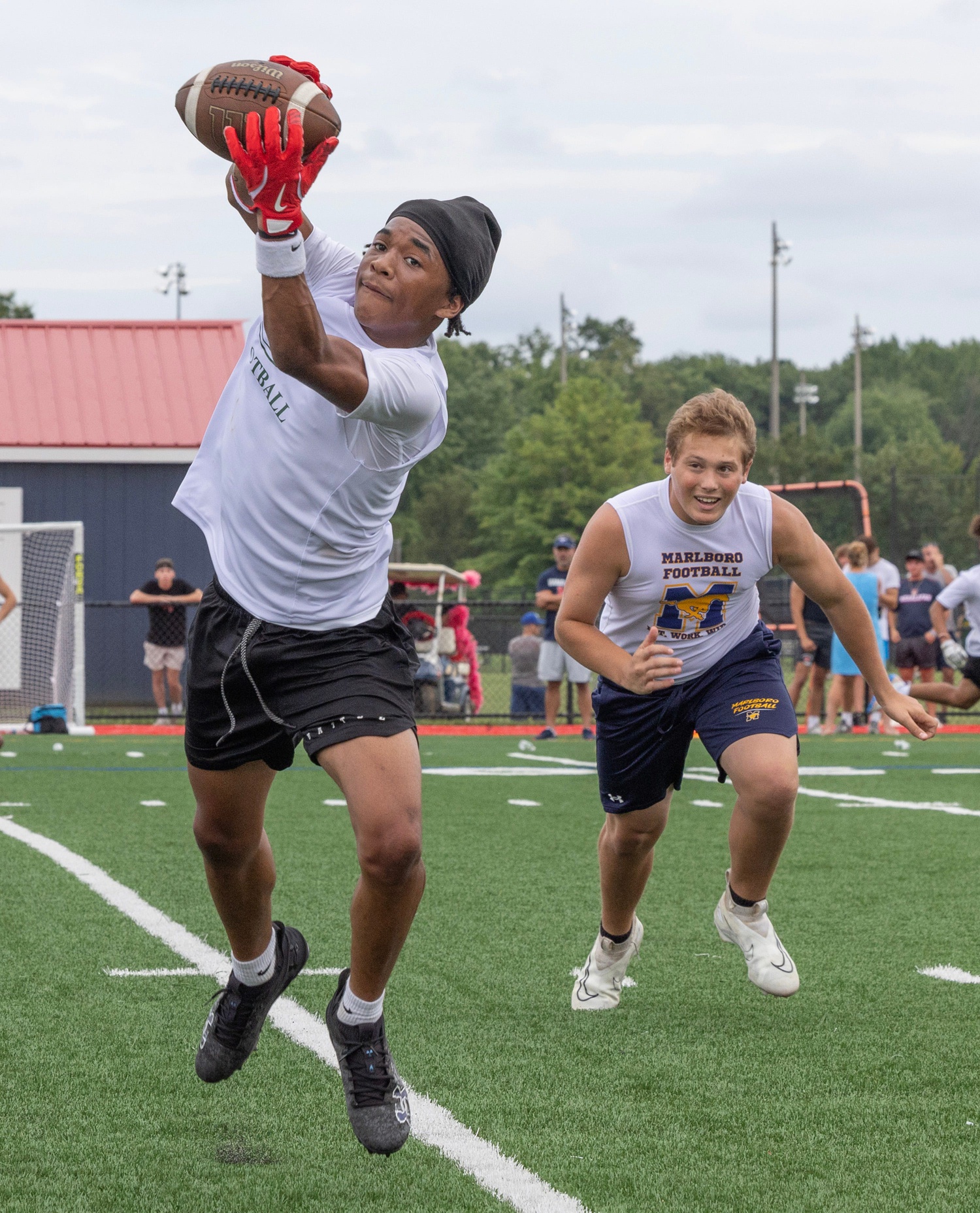 Long Branch’s Nyron Snerling makes a great catch during a game against Marlboro. 7v7 Football tournament at Manalapan Recreation Complex on July 24, 2024.