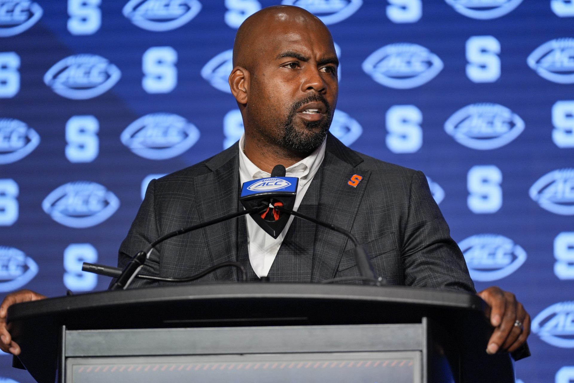 Syracuse Orange head coach Fran Brown speaks to the media during the ACC Kickoff at Hilton Charlotte Uptown.