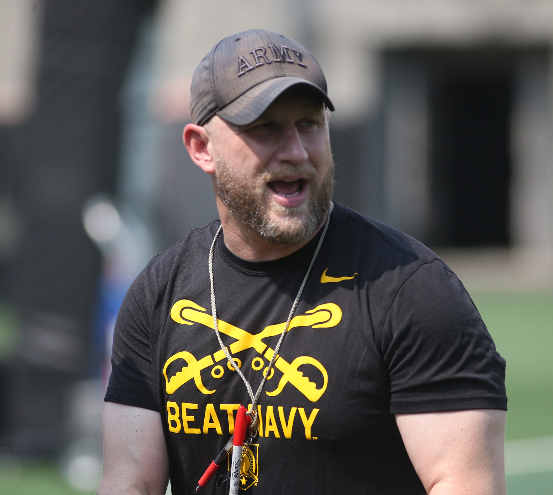 Army football offensive line coach Matt Drinkall during practice on July 30, 2024.