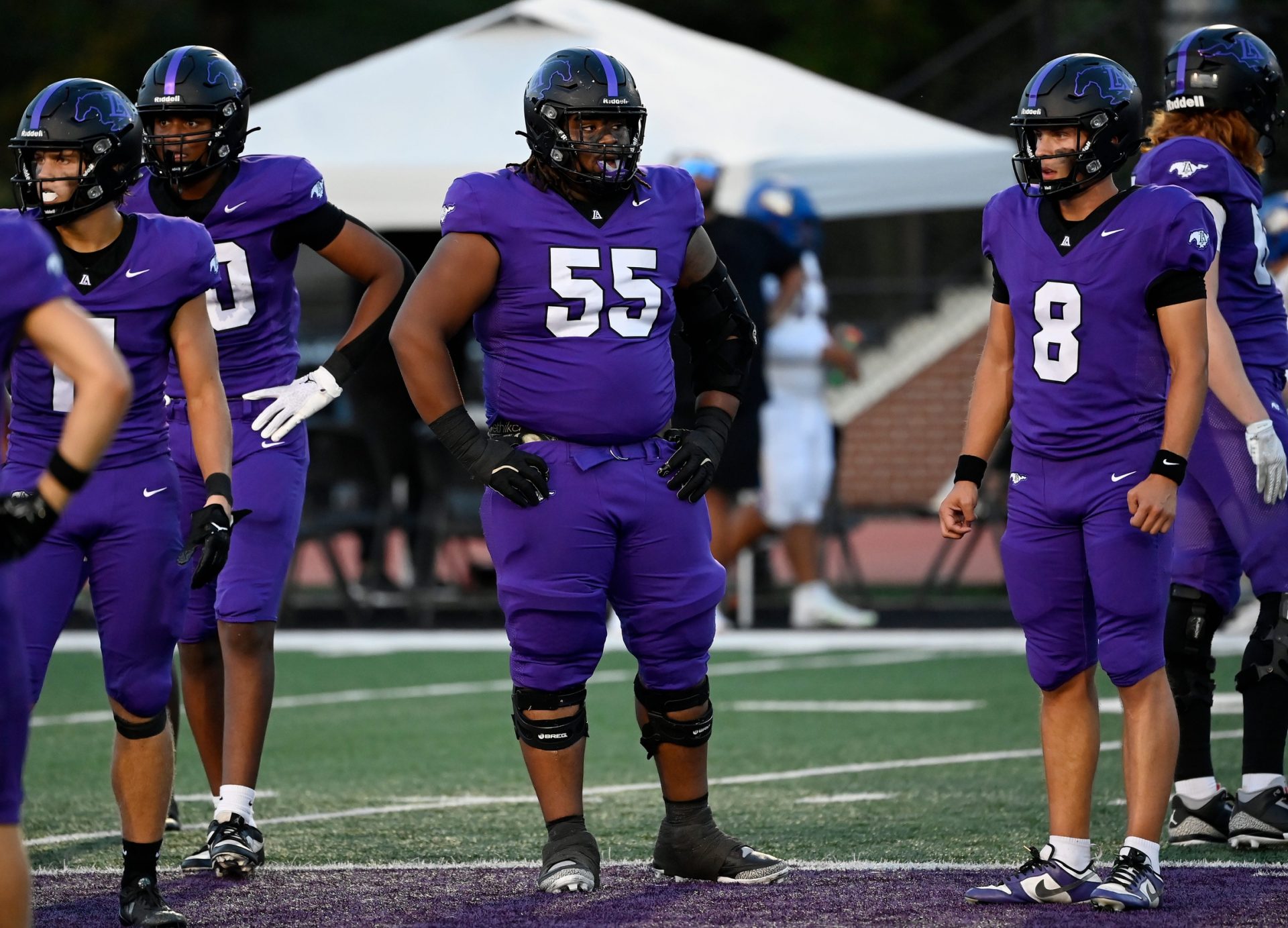 Lipscomb Academy offensive lineman Chauncey Gooden (55) plays against First Academy during an high school football game Thursday, Aug. 22, 2024, in Nashville, Tenn.