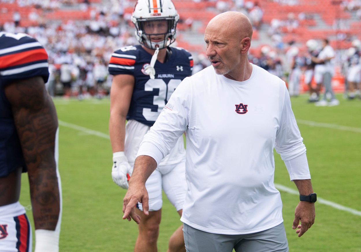 Auburn Tigers co-defensive coordinator Charles Kelly during warm ups before Auburn Tigers take on California Golden Bears at Jordan-Hare Stadium in Auburn, Ala., on Saturday, Sept. 7, 2024.