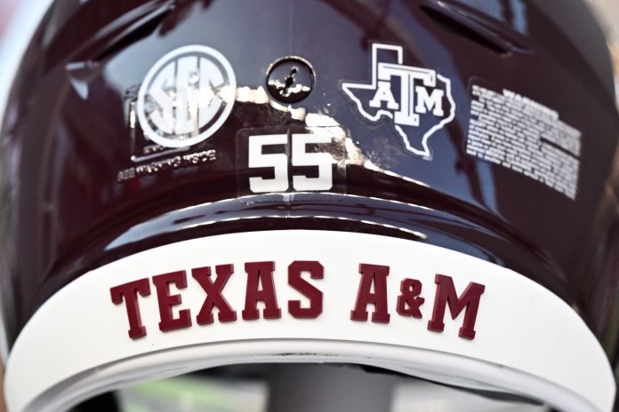 A detail view of a Texas A&M Aggies helmet on the sideline during the game against the Bowling Green Falcons at Kyle Field.