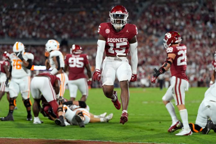 Oklahoma Sooners defensive back Kendel Dolby (15) celebrates after an OU fumble recovery during a college football game between the University of Oklahoma Sooners (OU) and the Tennessee Volunteers at Gaylord Family - Oklahoma Memorial Stadium in Norman, Okla.