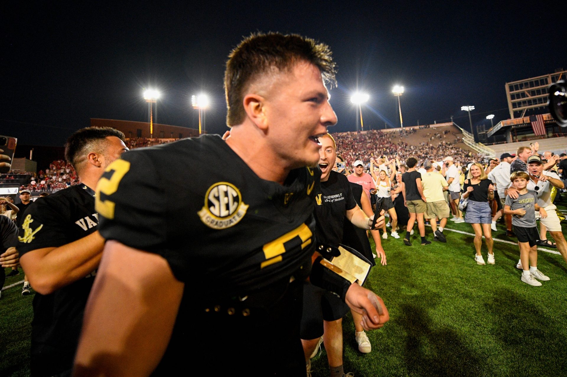 Vanderbilt Commodores quarterback Diego Pavia (2) celebrates the upset win over Alabama Crimson Tide during the second half at FirstBank Stadium.