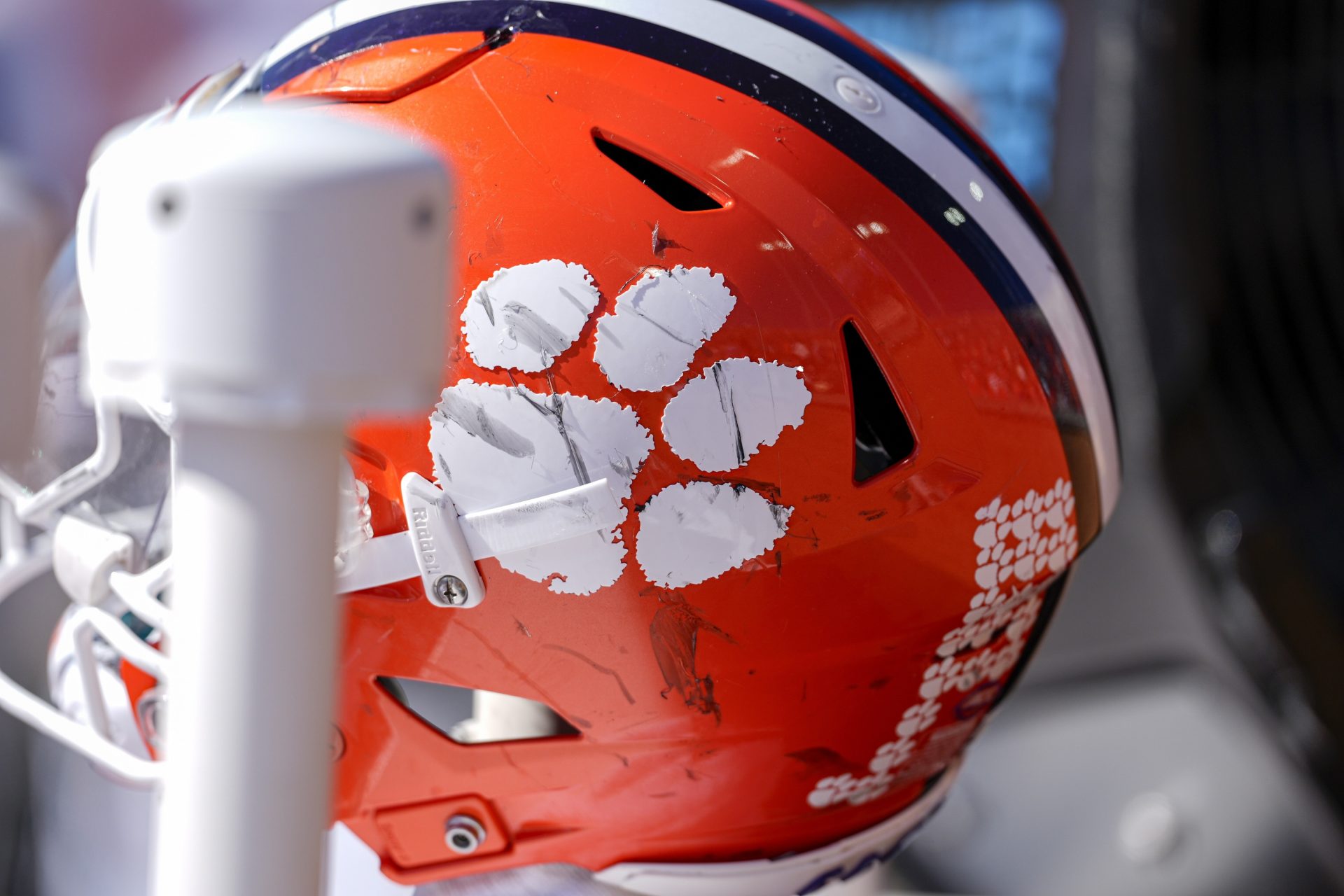 A battle scarred Clemson Tigers helmet during the second half against the Wake Forest Demon Deacons at Allegacy Federal Credit Union Stadium.