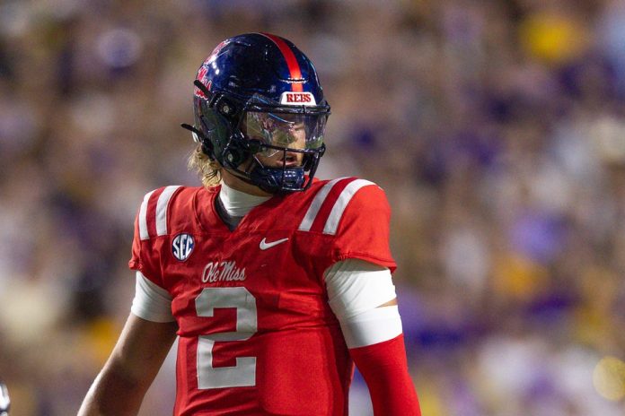 Mississippi Rebels quarterback Jaxson Dart (2) looks on against the LSU Tigers during the first half at Tiger Stadium.