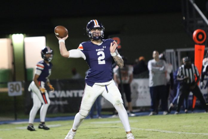 Nashville Christian quarterback Jared Curtis (2) throws the ball to a teammate during the first quarter against Fayetteville