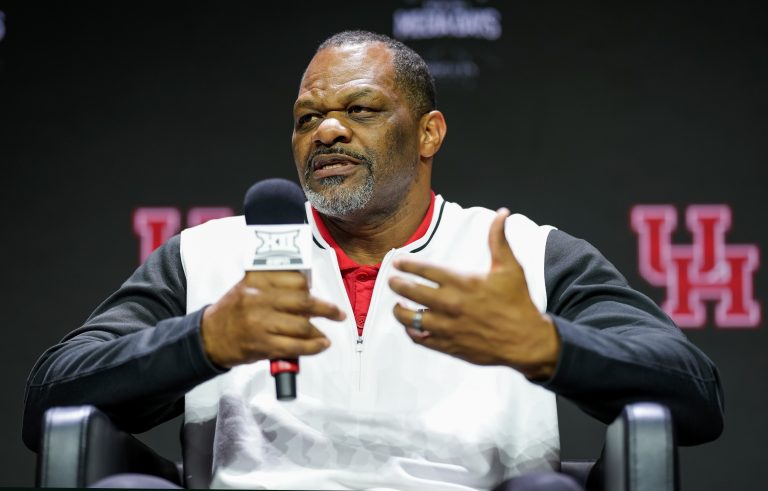 Houston Cougars head coach Ronald Hughey talks to media during the Big 12 Women’s Basketball Media Day at T-Mobile Center.