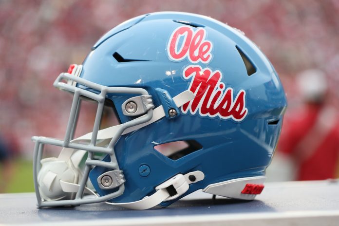 Ole Miss Rebels helmet during the game against the Arkansas Razorbacks at Donald W. Reynolds Razorback Stadium. Mississippi won 63-31.