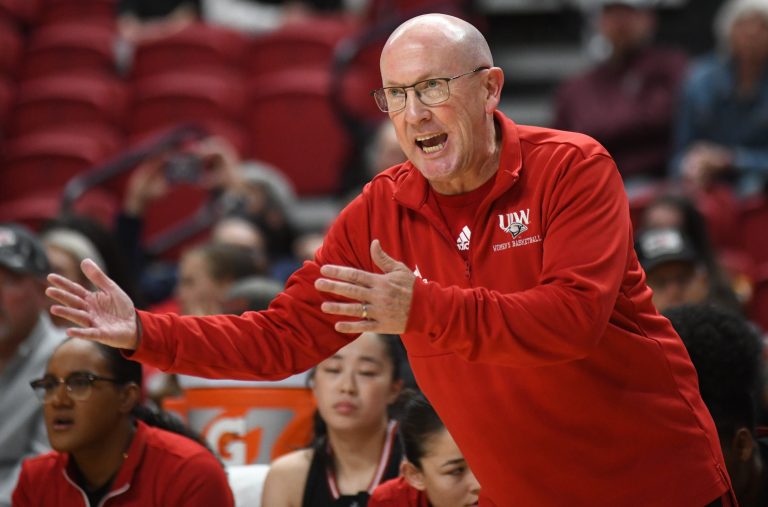 UIW women's basketball coach Jeff Dow instructs his team against Texas Tech in a non-conference women's basketball game Monday, Nov. 4, 2024, at United Supermarkets Arena.