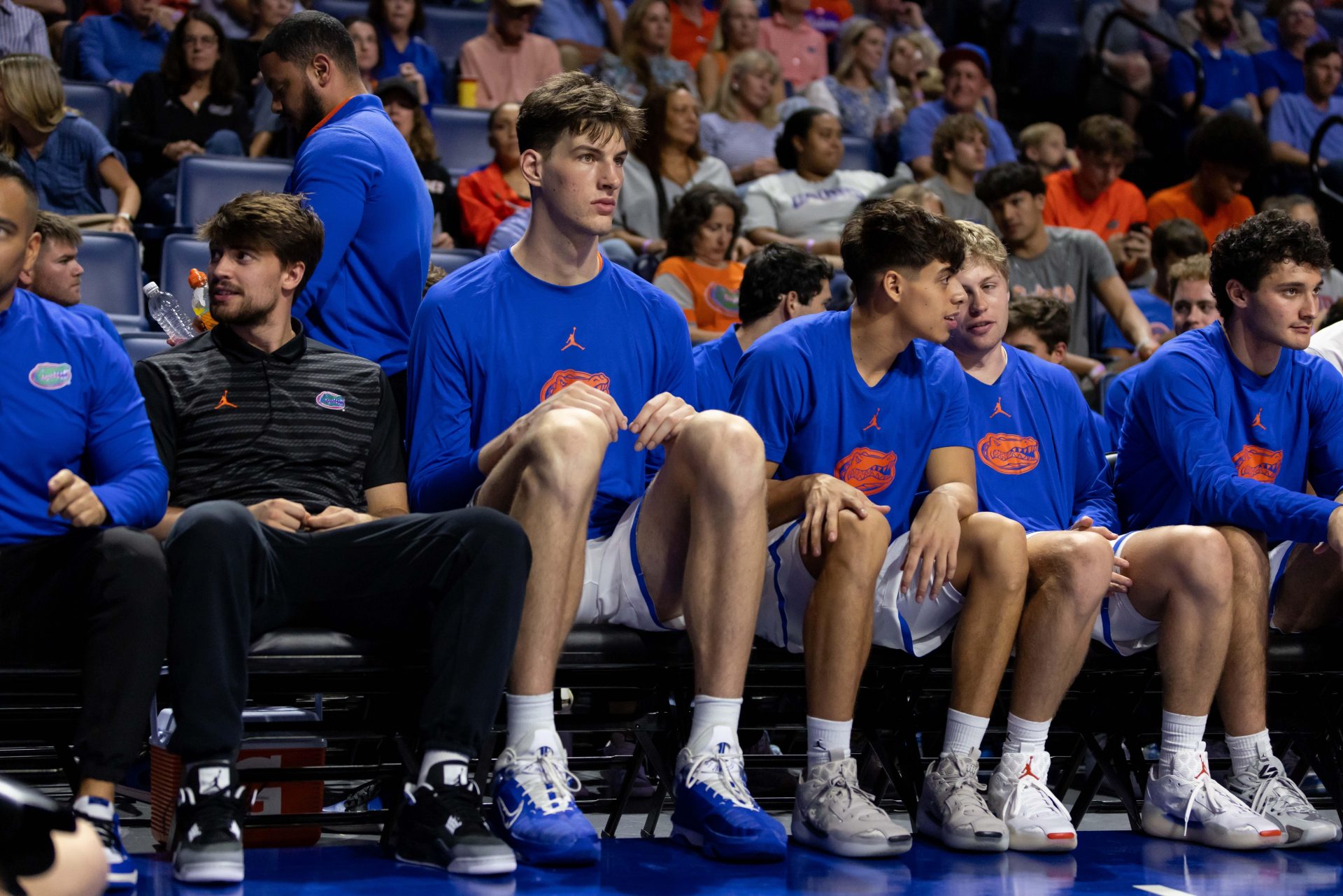 Florida Gators center Olivier Rioux (32) sits on the bench against the Jacksonville Dolphins during the first half at Exactech Arena at the Stephen C. O'Connell Center.