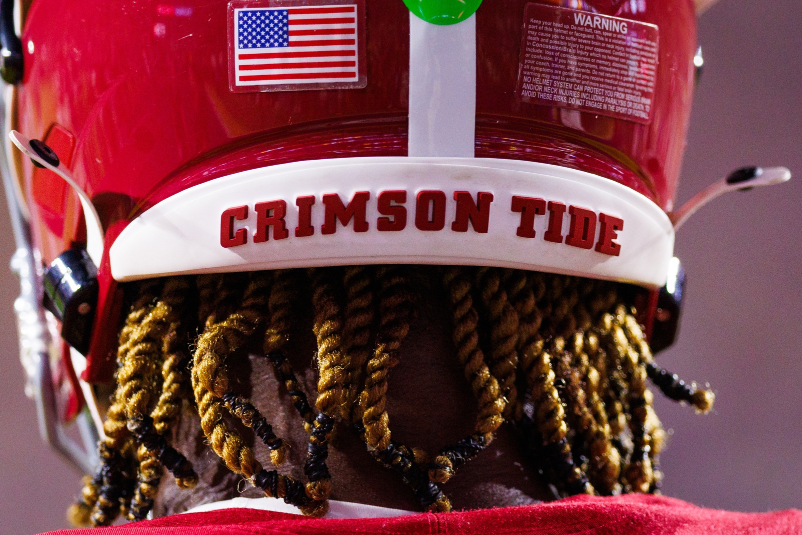 Detailed view of the Alabama Crimson Tide helmet during the game against the LSU Tigers at Tiger Stadium.