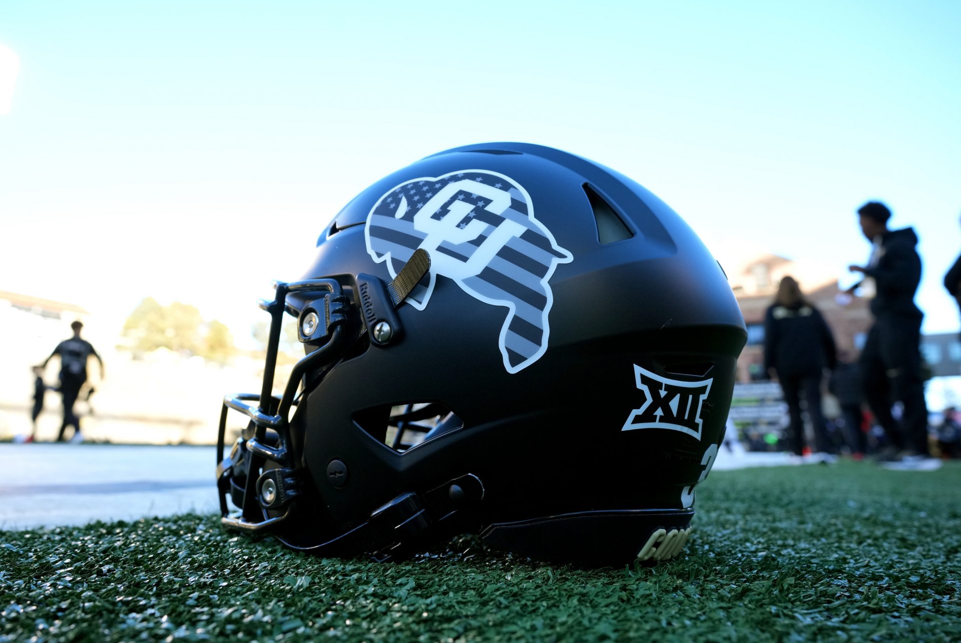 General view of a Colorado Buffaloes helmet on the turf of Folsom Field before the game against the Utah Utes.