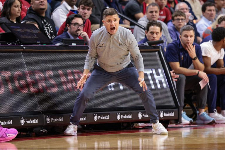 Merrimack Warriors head coach Joe Gallo reacts during the second half against the Rutgers Scarlet Knights at Jersey Mike's Arena.