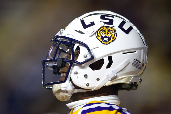 Detailed view of the LSU Tigers helmet against the Vanderbilt Commodores during the first half at Tiger Stadium.