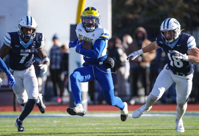 Delaware's JoJo Bermudez returns a kickoff to near midfield in the third quarter of the Blue Hens' 38-28 loss at Villanova Stadium, Saturday, Nov. 23, 2024.