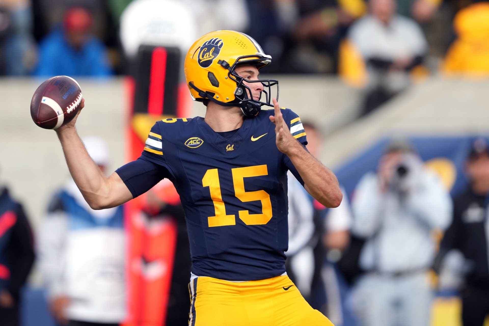 California Golden Bears quarterback Fernando Mendoza (15) throws a pass against the Stanford Cardinal during the fourth quarter at California Memorial Stadium.