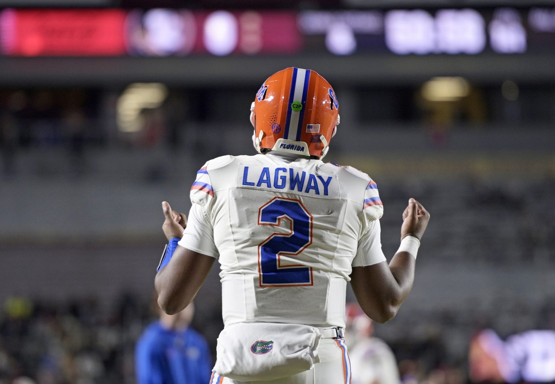 Florida Gators quarterback DJ Lagway (2) warms up before a game against the Florida State Seminoles at Doak S. Campbell Stadium.