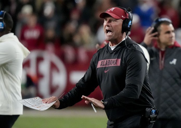 Alabama Crimson Tide head coach Kalen DeBoer is upset with officials after a Tide player was called for a personal foul during the second half against the Autumn Tigers at Bryant-Denny Stadium. Alabama won 28-14.