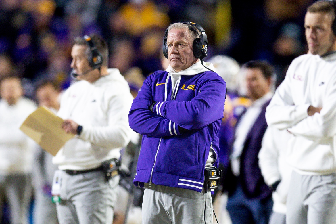 LSU Tigers head coach Brian Kelly looks on against the Oklahoma Sooners during the second quarter at Tiger Stadium.